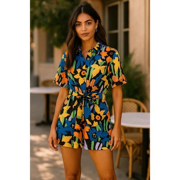 Roxy Pants - Roxy Short Sleeve Belted Jumpsuit Bold Floral Print Artsy Retro Style | Size XS